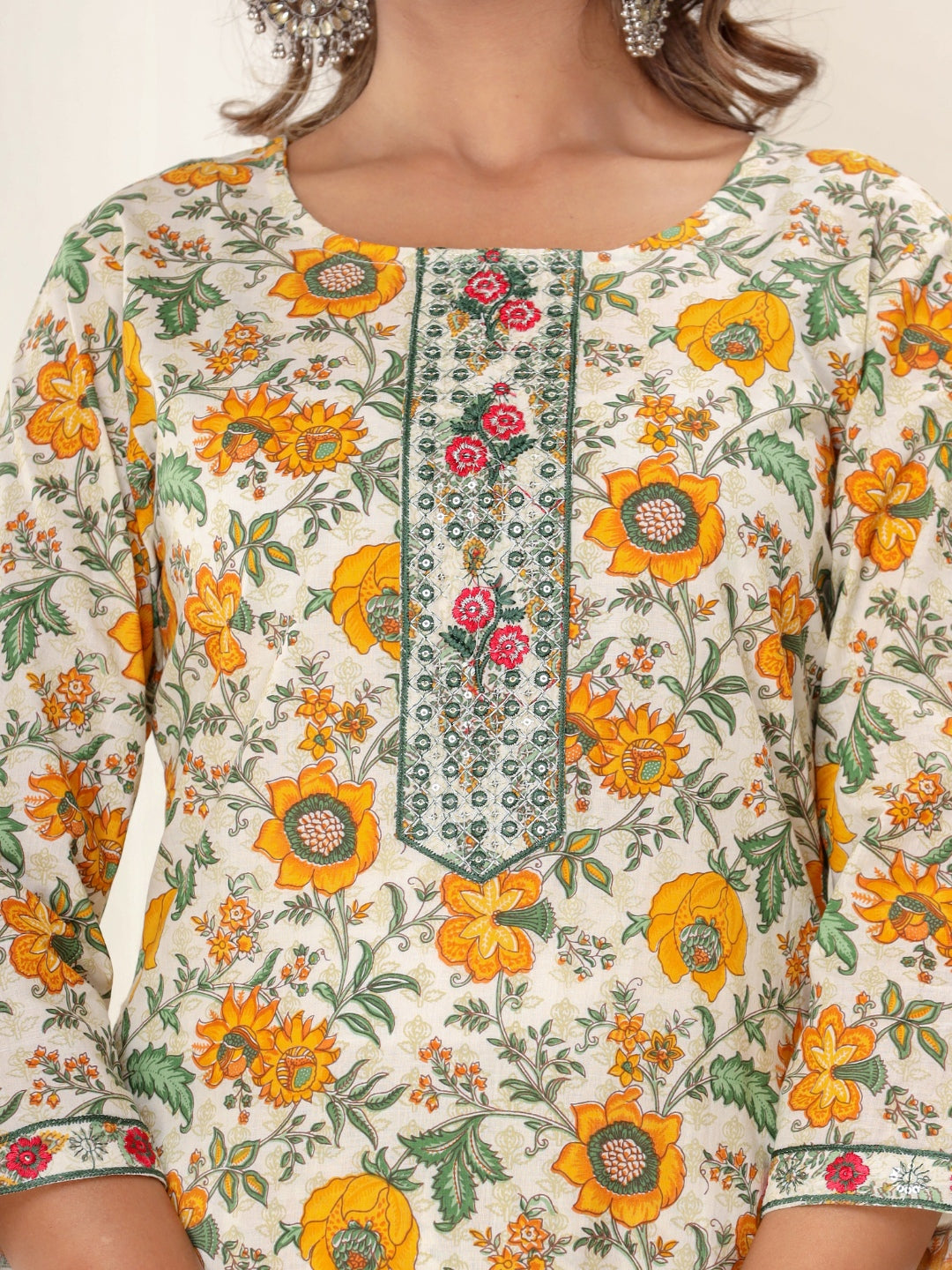 Pure Cotton Floral Print Embroidered Kurta with Afghan Pants Set - Yellow