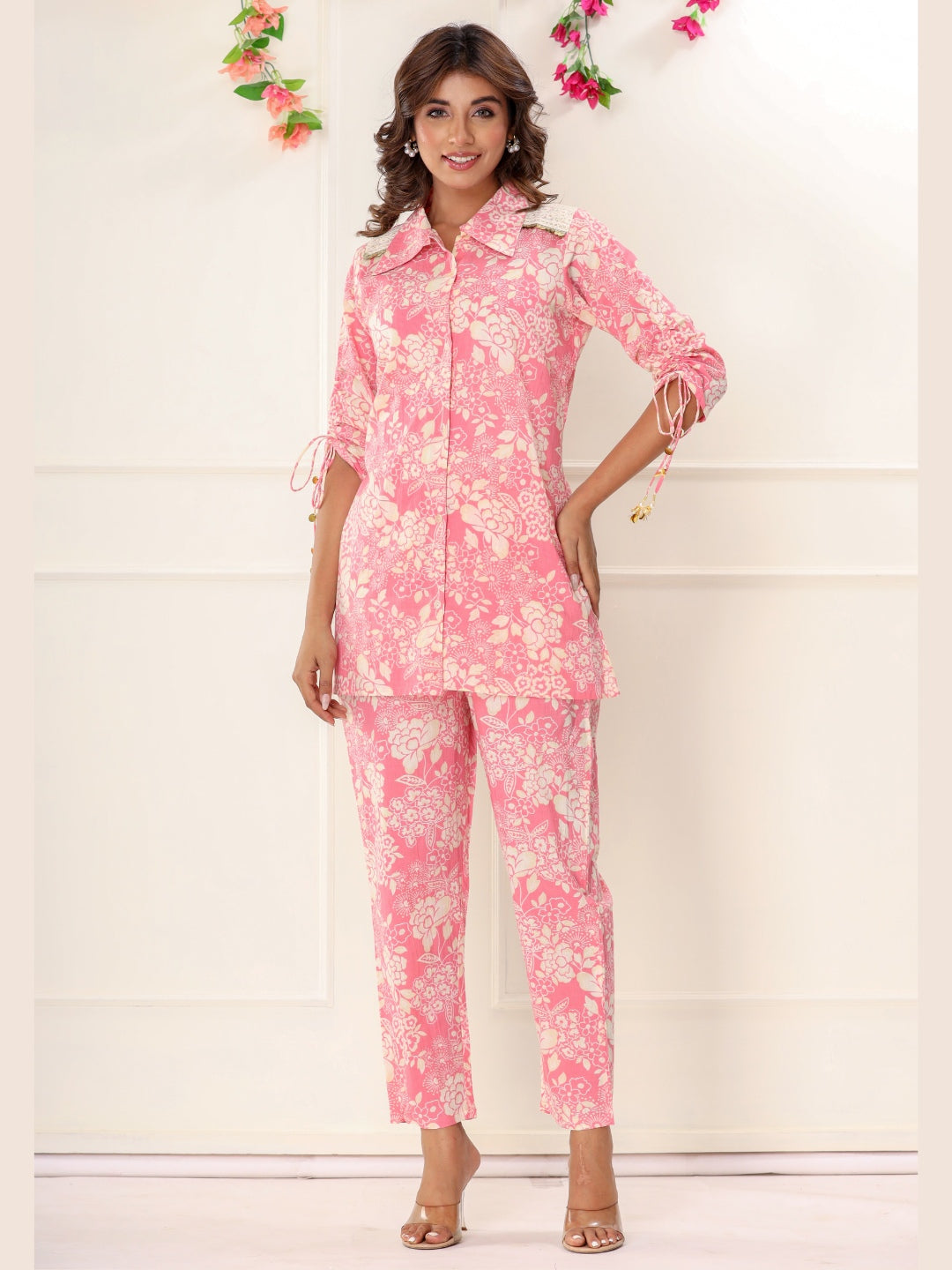 Floral Print Shirt Style Embroidered Co-ord Set - Pink – VEDANA