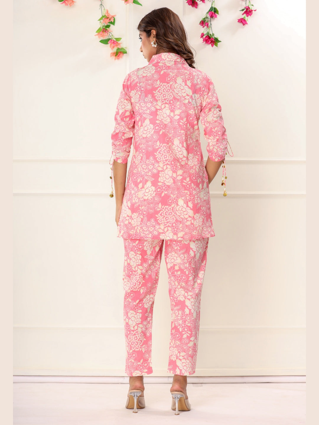 Floral Print Shirt Style Embroidered Co-ord Set - Pink