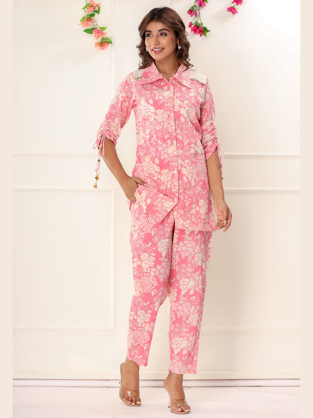 Floral Print Shirt Style Embroidered Co-ord Set - Pink