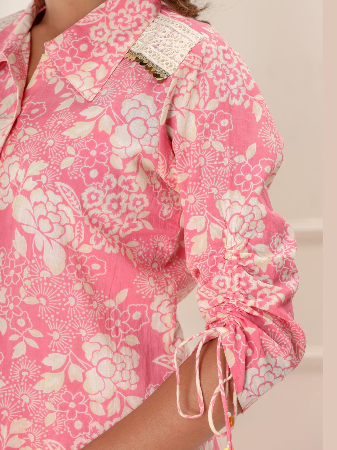 Floral Print Shirt Style Embroidered Co-ord Set - Pink
