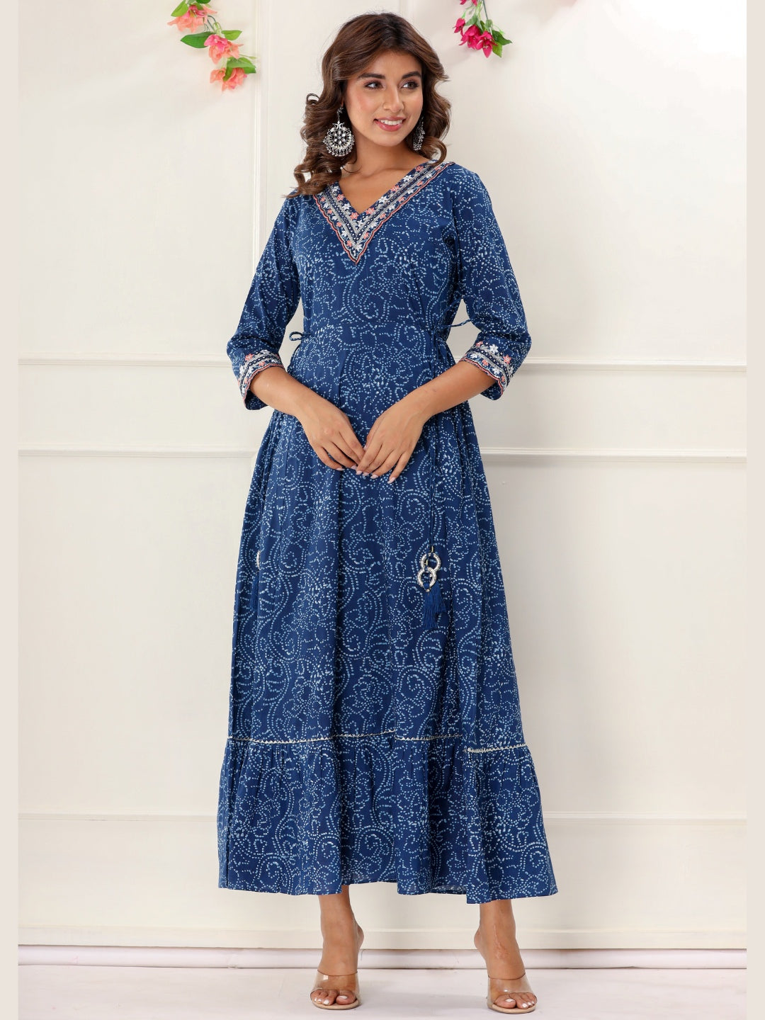 Bandhani Print Colorful Embroidered Anarkali Kurta Dress - Blue
