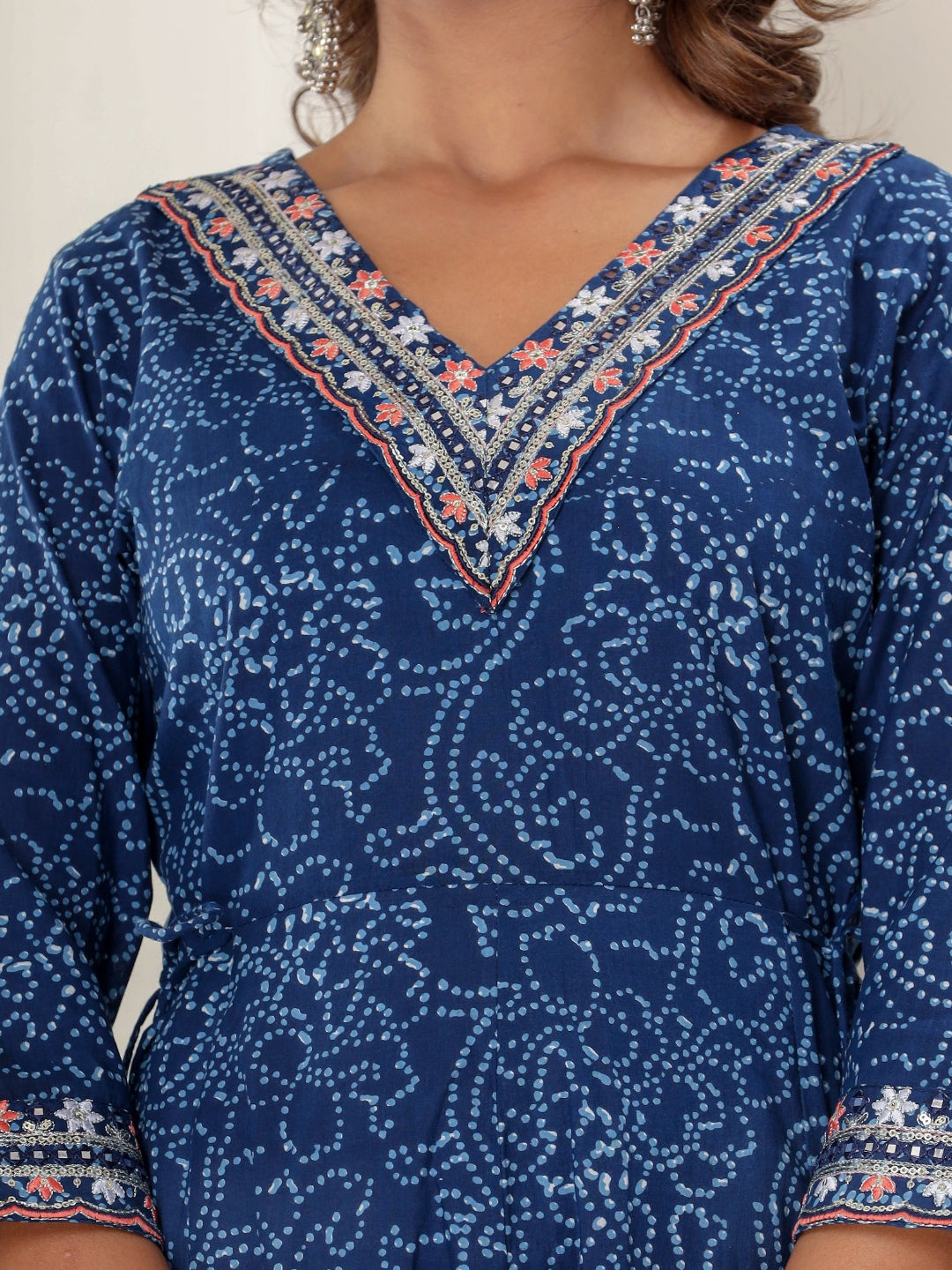 Bandhani Print Colorful Embroidered Anarkali Kurta Dress - Blue