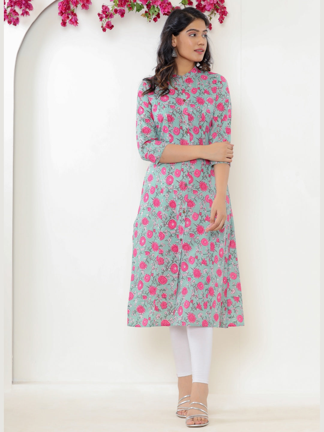 Pure Cotton Printed Aline Collared Kurta - Cyan