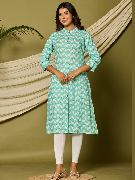 Cotton Printed A-line Collared Kurta - Cyan