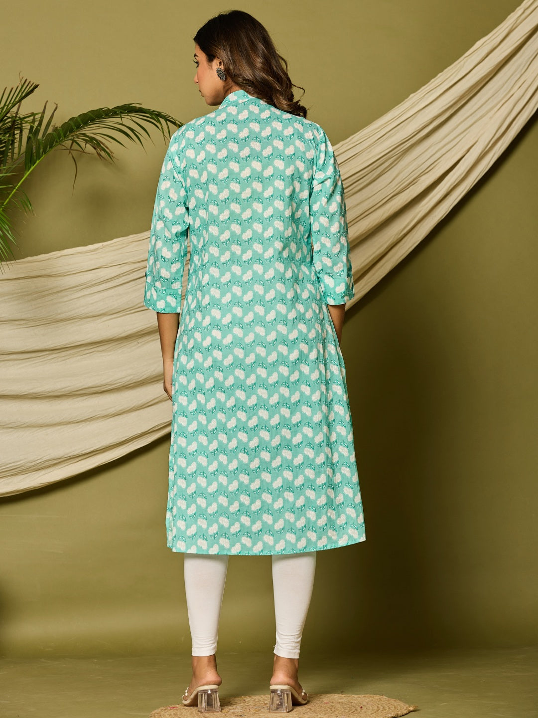 Cotton Printed A-line Collared Kurta - Cyan