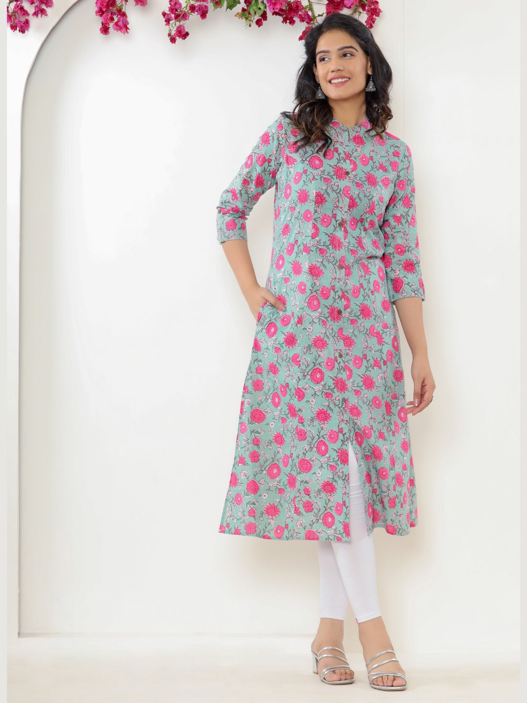 Pure Cotton Printed Aline Collared Kurta - Cyan