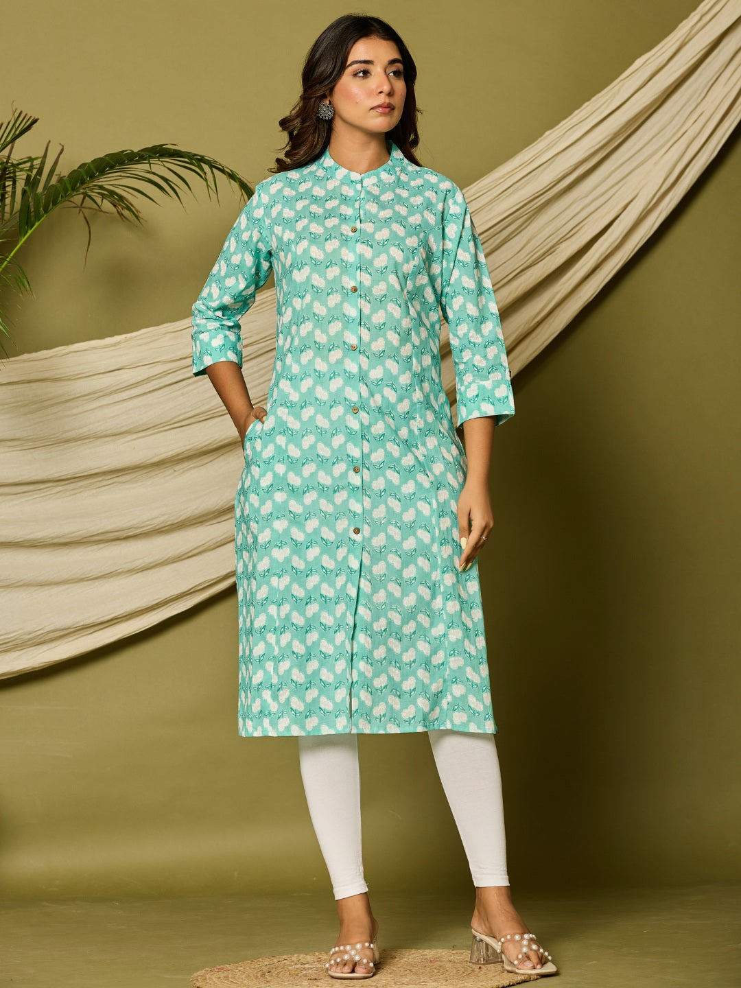 Cotton Printed A-line Collared Kurta - Cyan