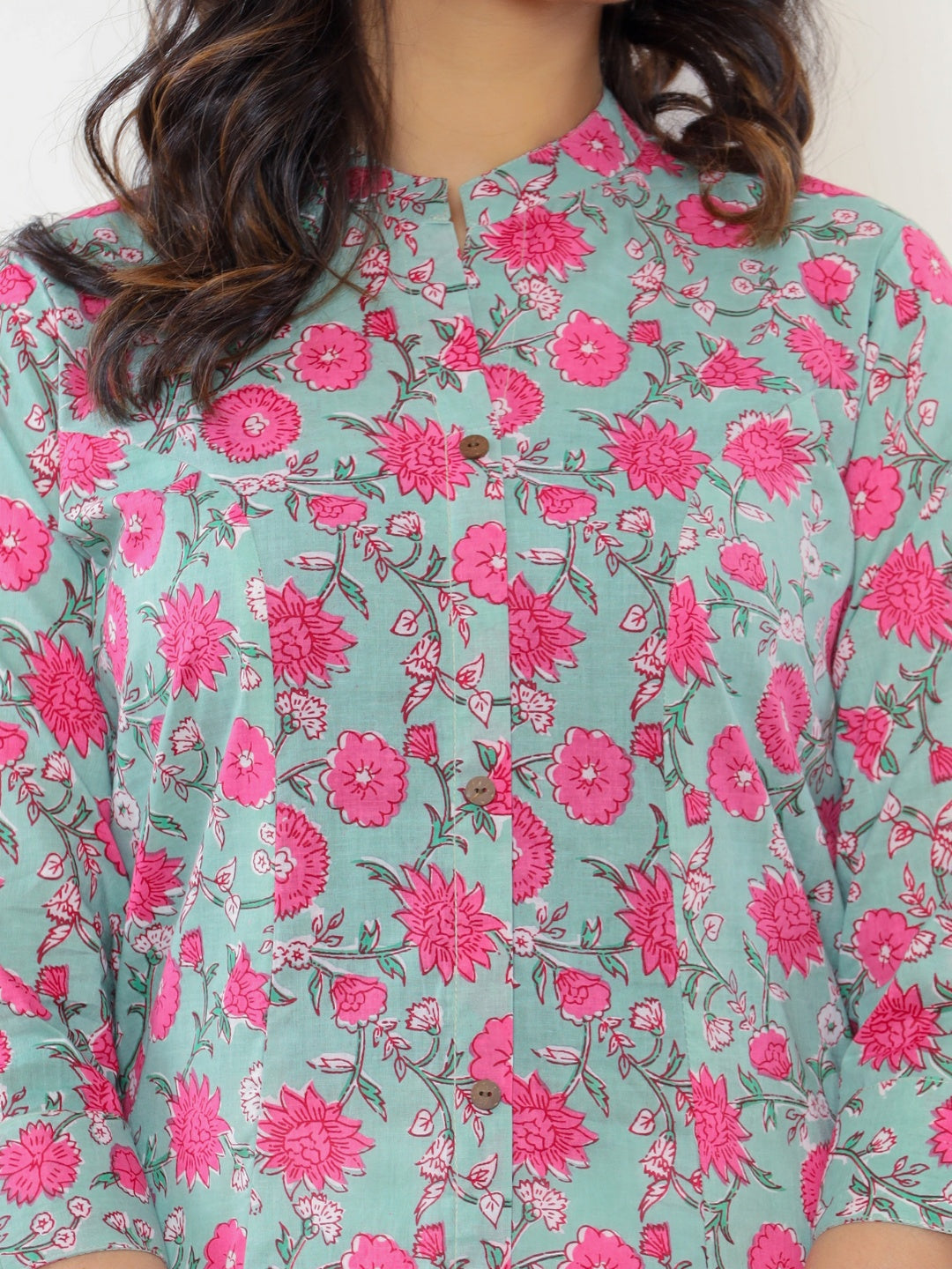Pure Cotton Printed Aline Collared Kurta - Cyan