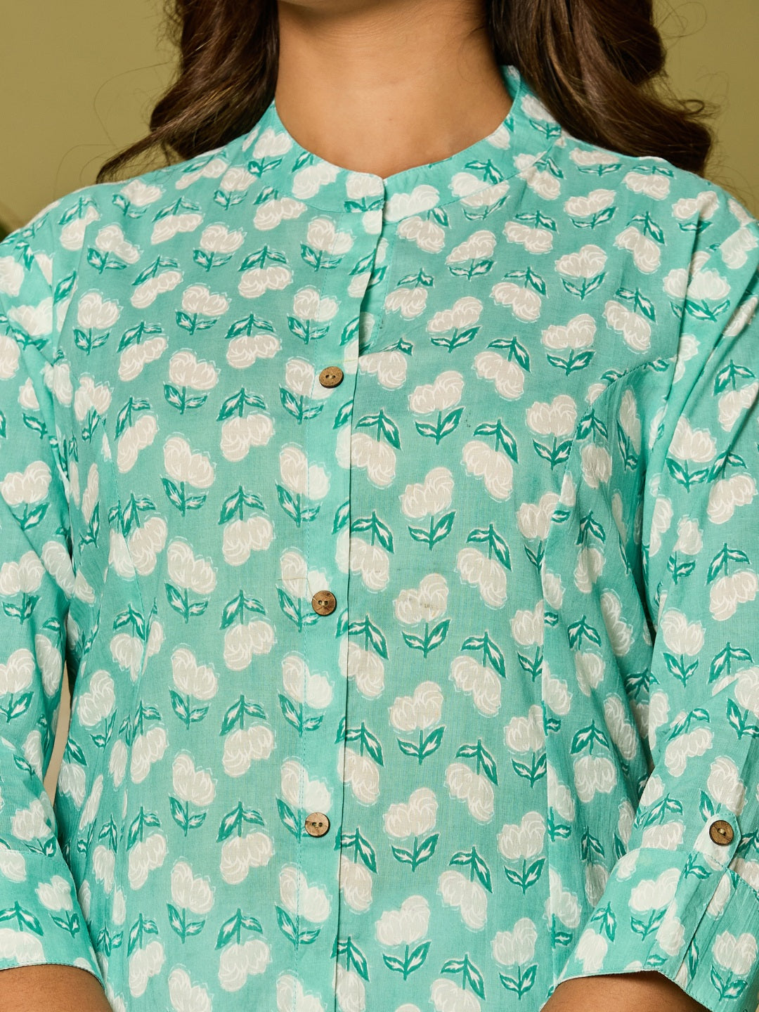 Cotton Printed A-line Collared Kurta - Cyan