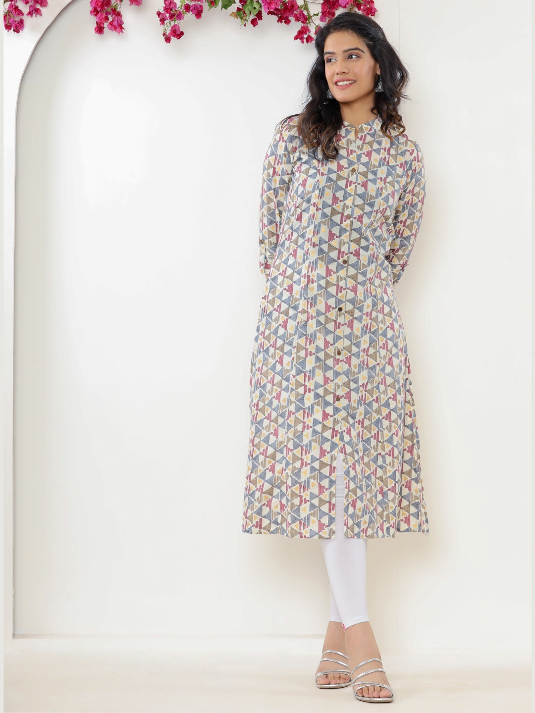Pure Cotton Printed Aline Collared Kurta - Grey