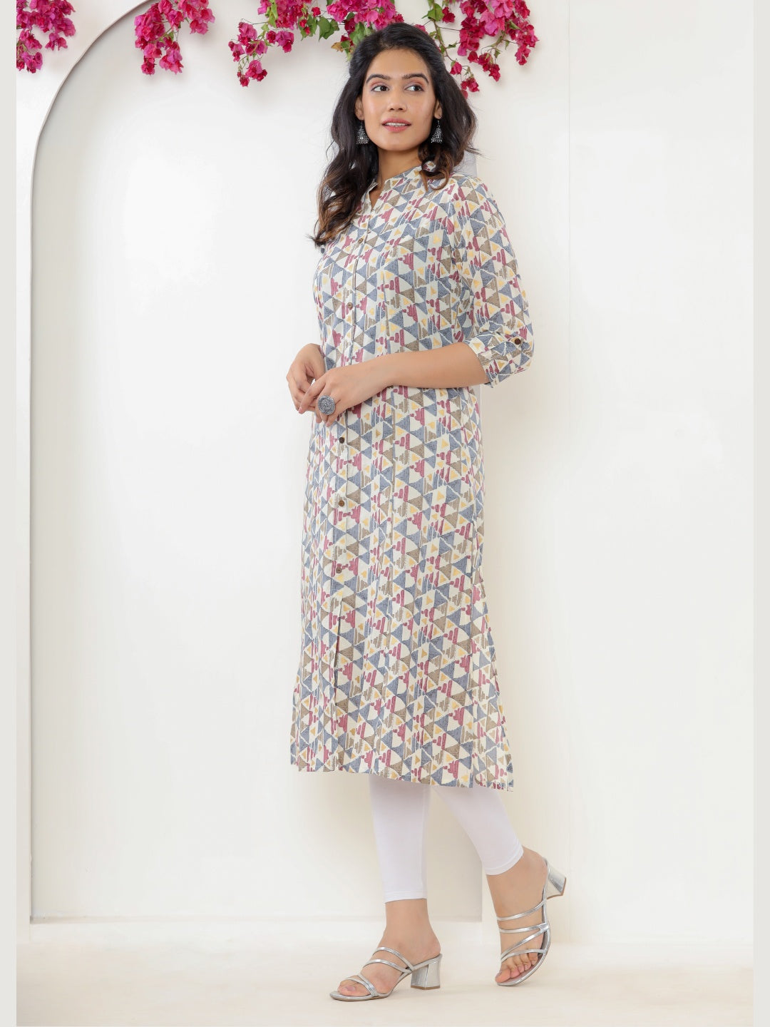 Pure Cotton Printed Aline Collared Kurta - Grey