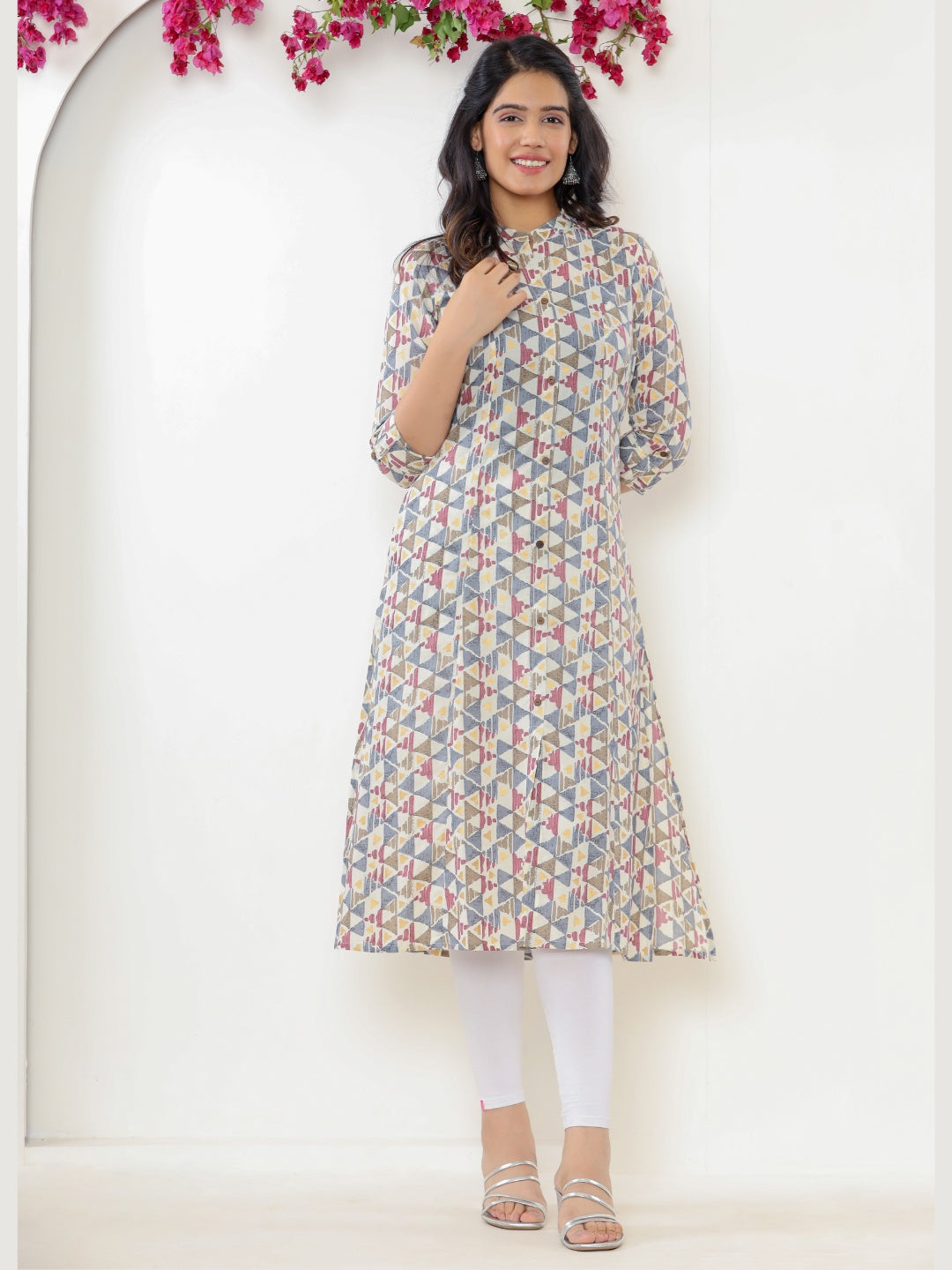 Pure Cotton Printed Aline Collared Kurta - Grey