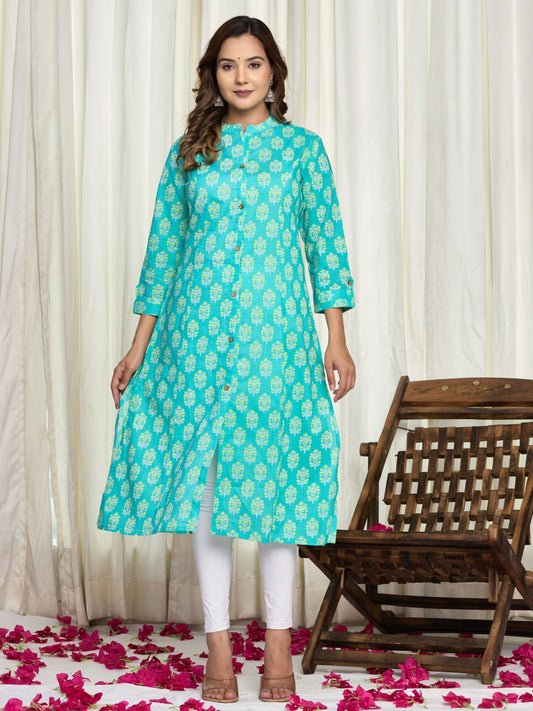 Cotton Printed A-line Collared Kurta - Sea Green