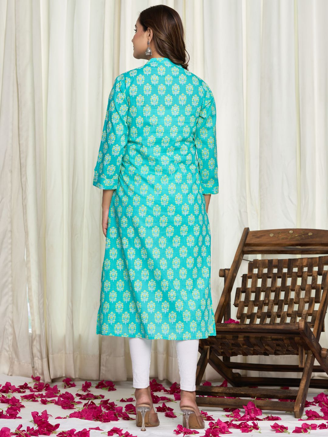 Cotton Printed A-line Collared Kurta - Sea Green