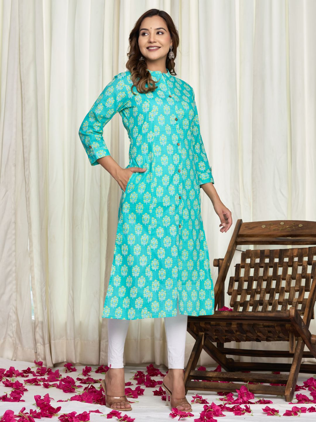 Cotton Printed A-line Collared Kurta - Sea Green
