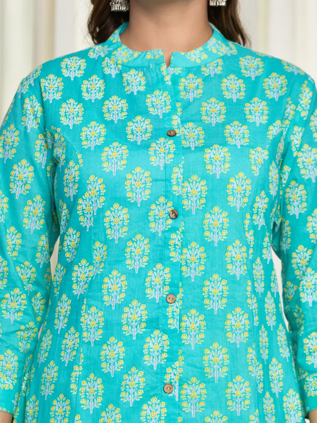 Cotton Printed A-line Collared Kurta - Sea Green