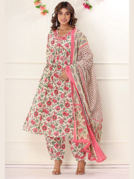 Floral Print Alia Cut Embroidered Kurta with Afghan Pants and Dupatta