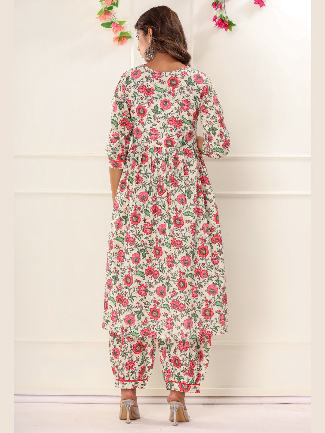 Floral Print Alia Cut Embroidered Kurta with Afghan Pants and Dupatta
