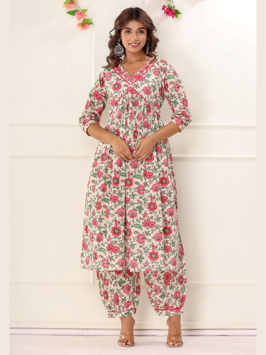 Floral Print Alia Cut Embroidered Kurta with Afghan Pants and Dupatta