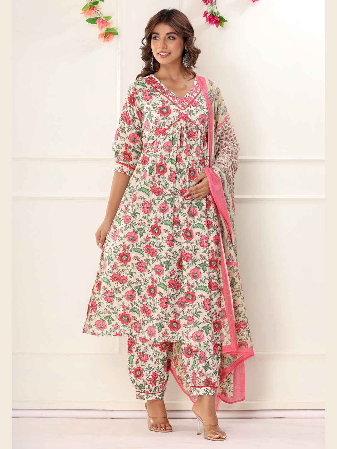 Floral Print Alia Cut Embroidered Kurta with Afghan Pants and Dupatta