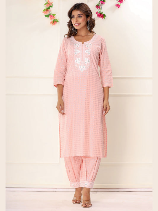 Pure Cotton Embroidered Kurta with Afghan Pants Set - Pink