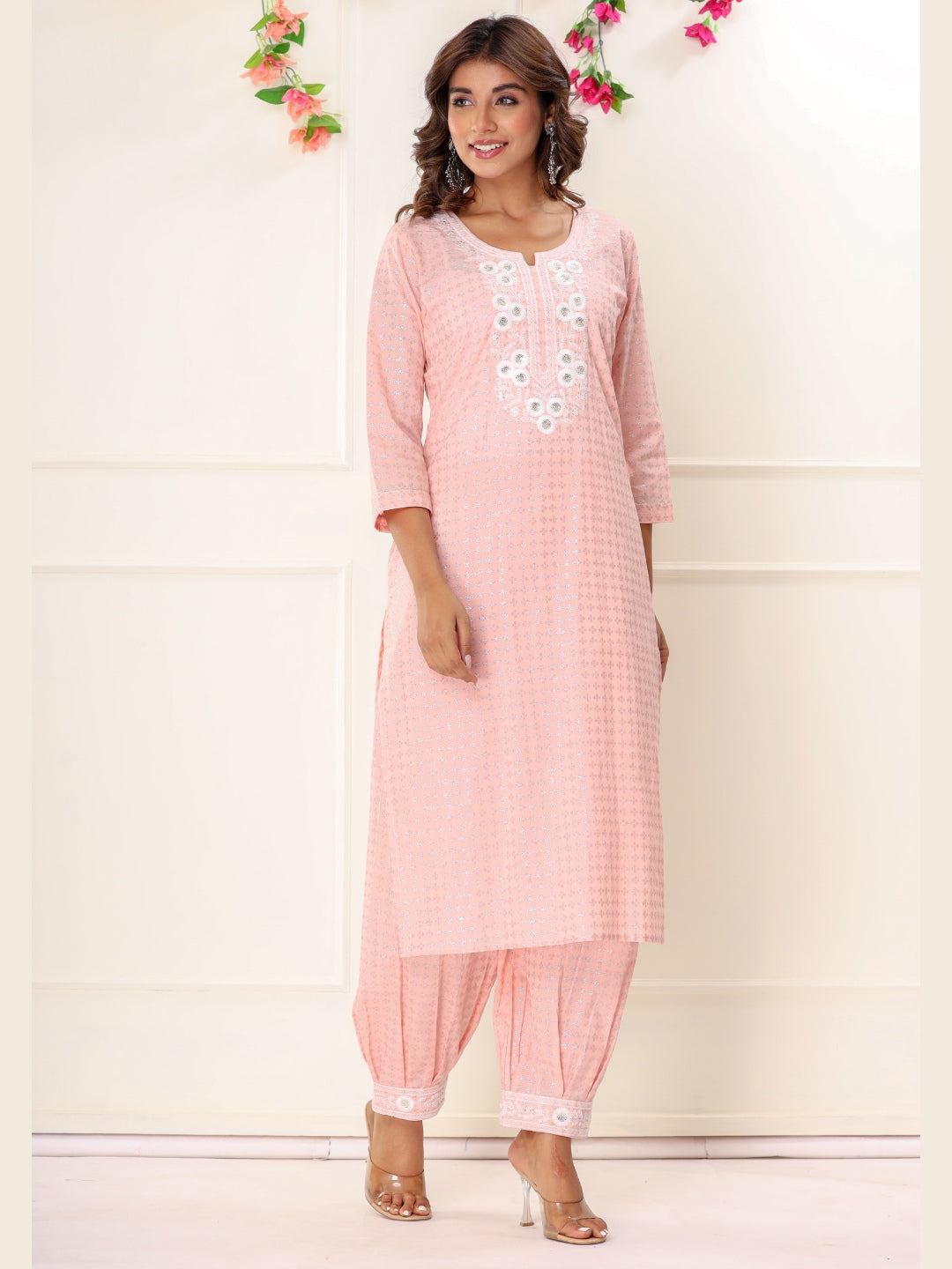 Pure Cotton Embroidered Kurta with Afghan Pants Set - Pink