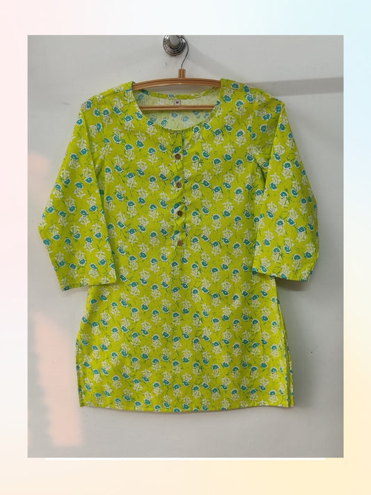Cotton Printed Hip Length Top - Green Booti