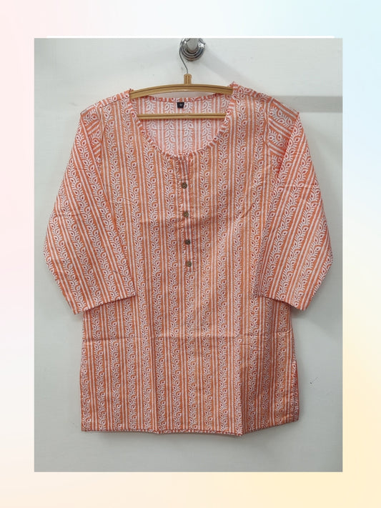 Cotton Printed Hip Length Top - Orange Stripes