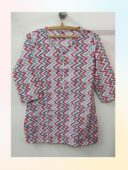 Cotton Printed Hip Length Top - Grey Chevron