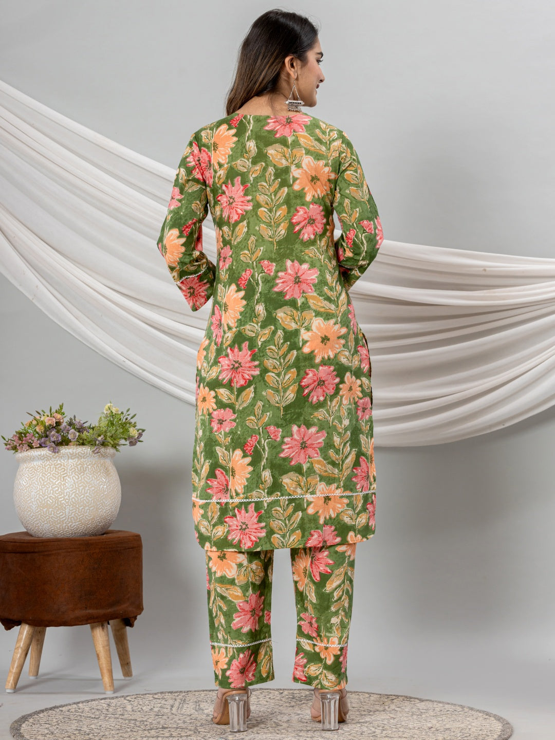 Pure Cotton Floral Printed Kurta Trouser Co-Ord Sets - Green
