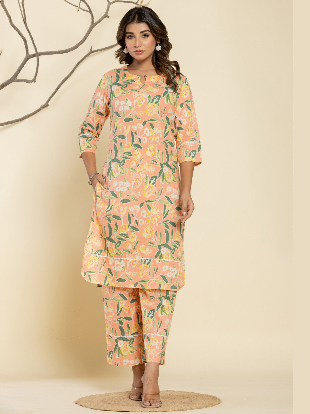 Pure Cotton Floral Printed Kurta Trouser Co-Ord Sets - Peach