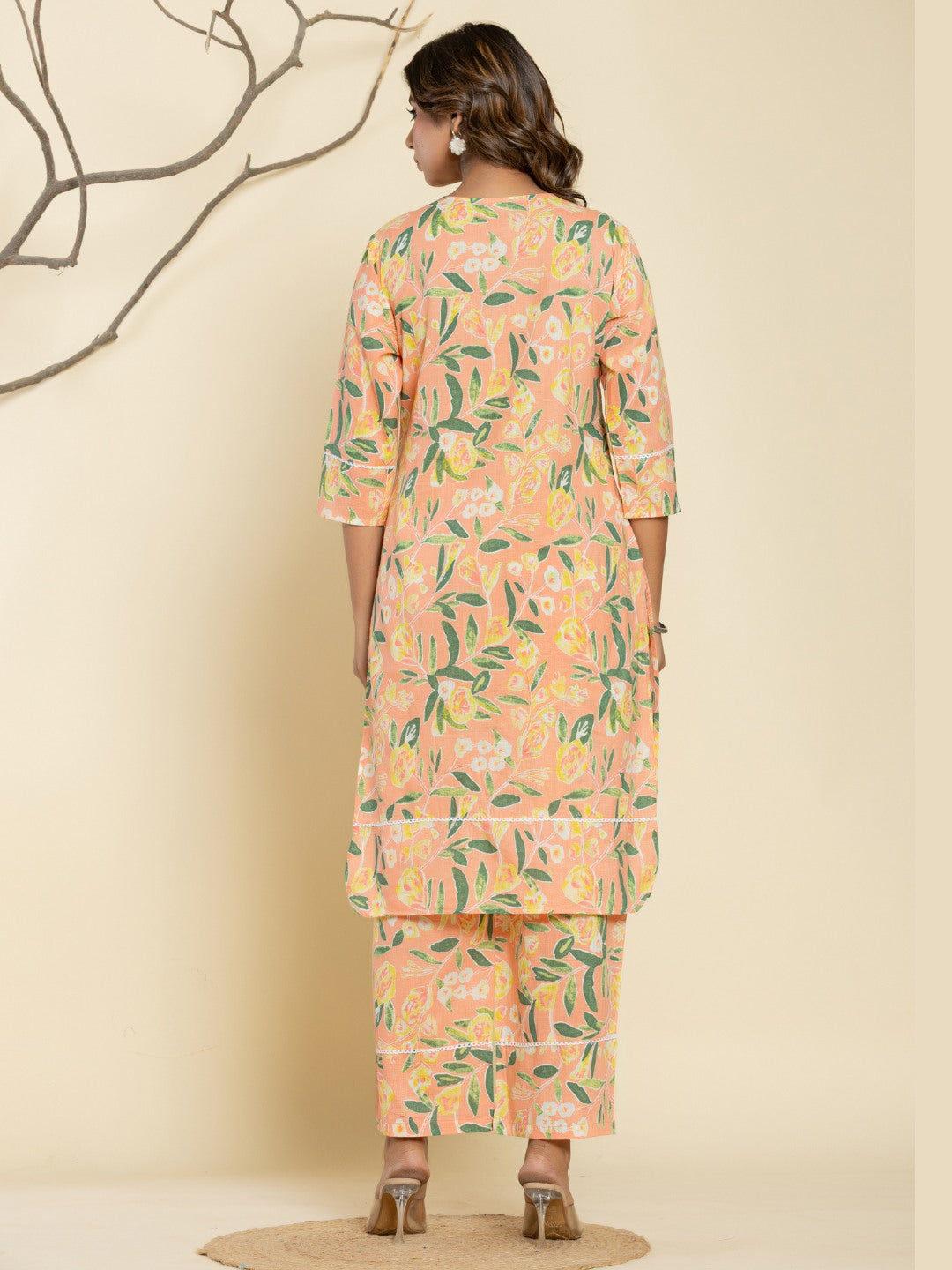 Pure Cotton Floral Printed Kurta Trouser Co-Ord Sets - Peach
