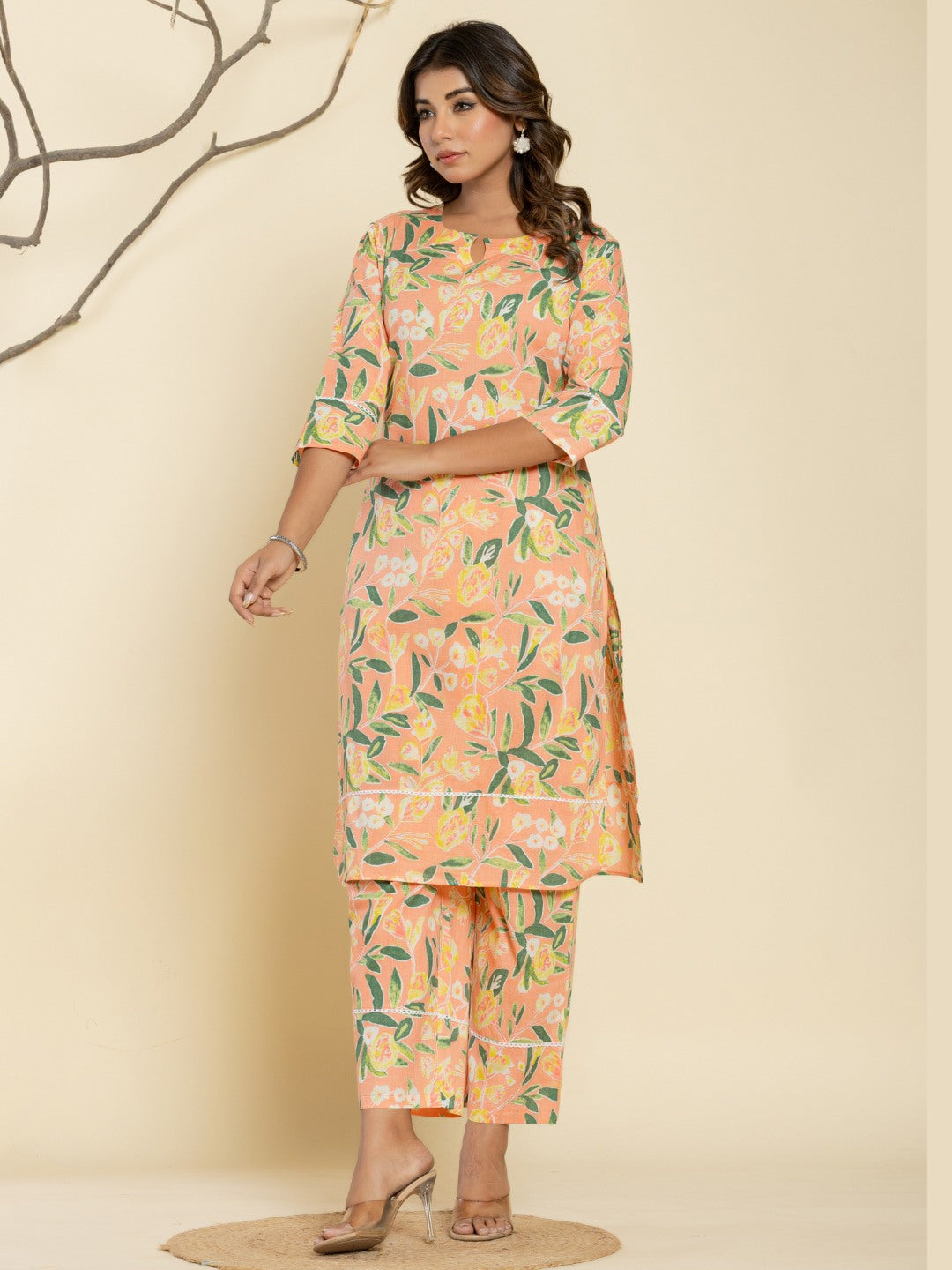 Pure Cotton Floral Printed Kurta Trouser Co-Ord Sets - Peach