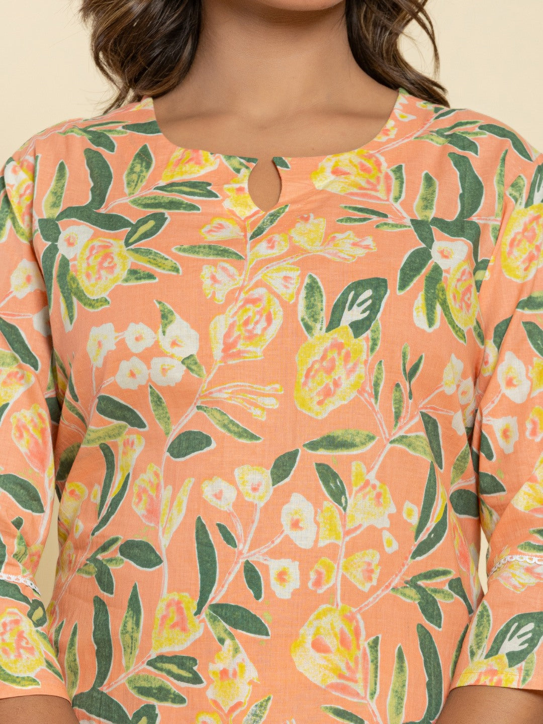 Pure Cotton Floral Printed Kurta Trouser Co-Ord Sets - Peach