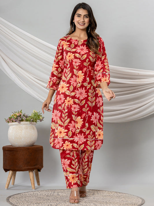 Pure Cotton Floral Printed Kurta Trouser Co-Ord Sets - Red