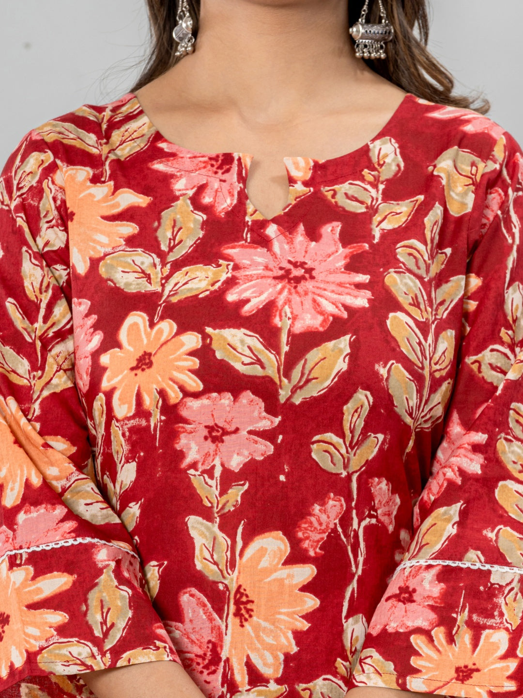 Pure Cotton Floral Printed Kurta Trouser Co-Ord Sets - Red