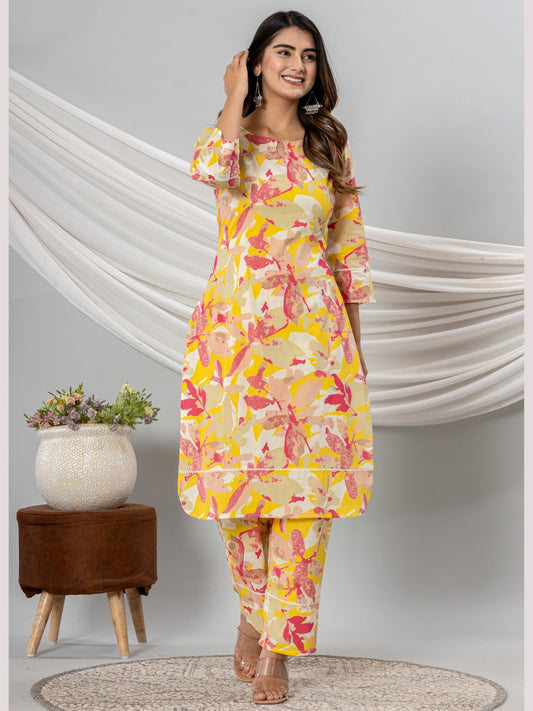 Pure Cotton Floral Printed Kurta Trouser Co-Ord Sets - Yellow