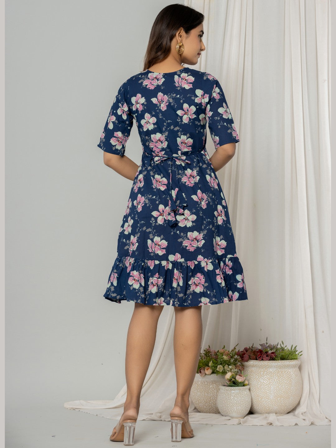 Floral Print Fit & Flare Pure Cotton Ruffled Dress - Blue