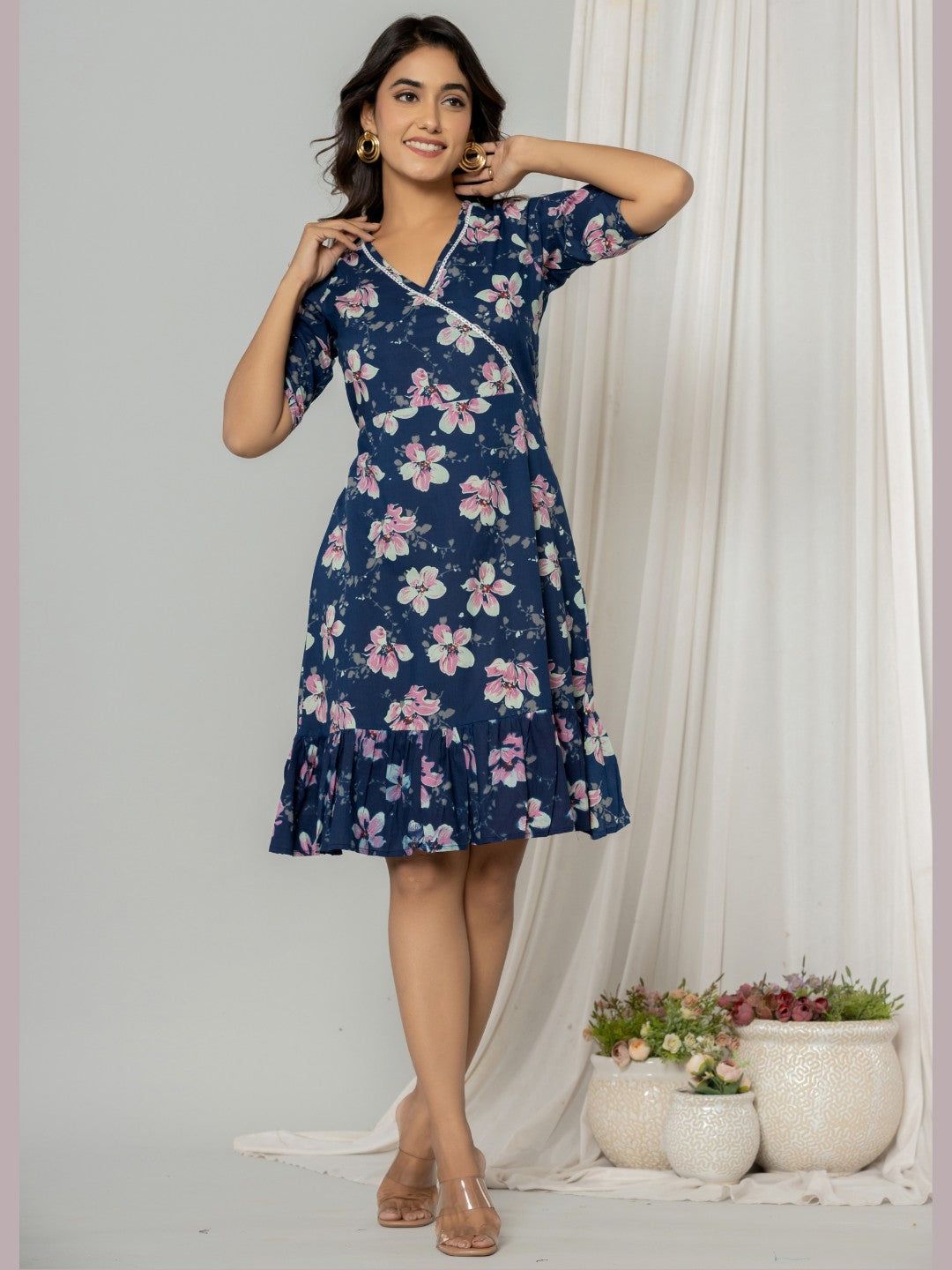 Floral Print Fit & Flare Pure Cotton Ruffled Dress - Blue