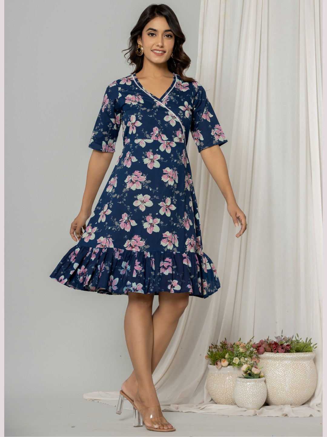 Floral Print Fit & Flare Pure Cotton Ruffled Dress - Blue