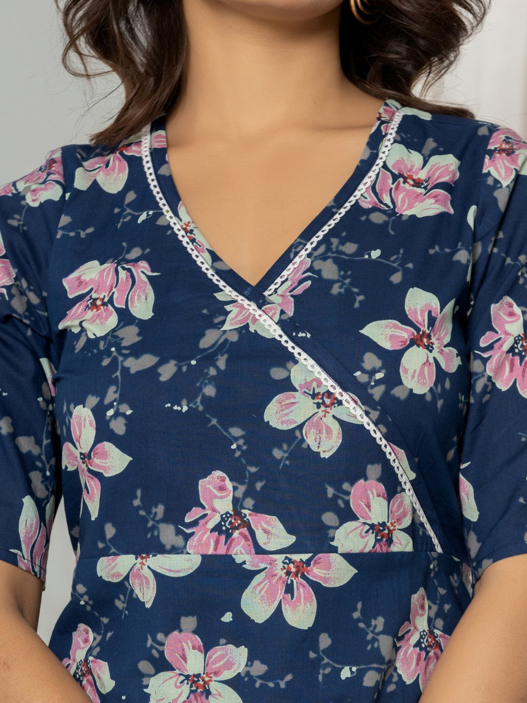 Floral Print Fit & Flare Pure Cotton Ruffled Dress - Blue