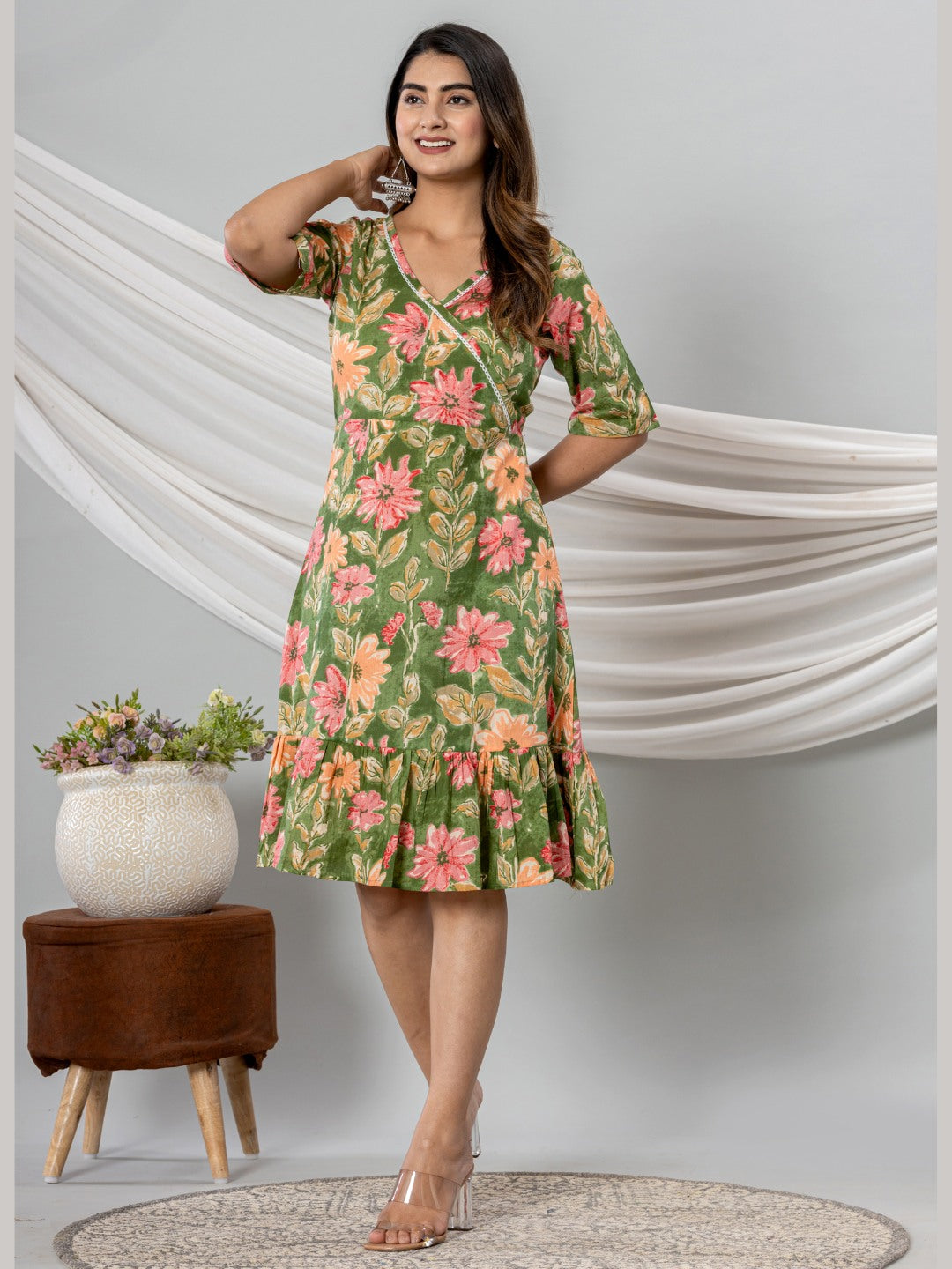 Floral Print Fit & Flare Pure Cotton Ruffled Dress - Green