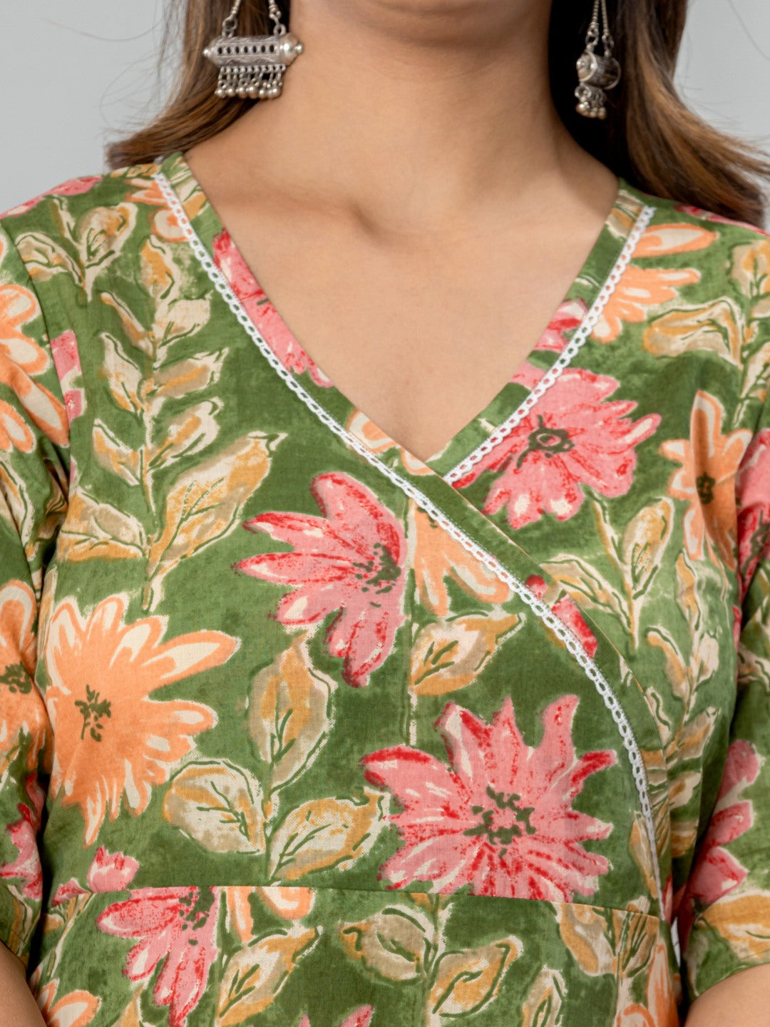 Floral Print Fit & Flare Pure Cotton Ruffled Dress - Green