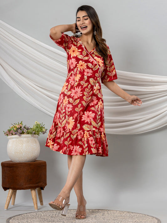 Floral Print Fit & Flare Pure Cotton Ruffled Dress - Red
