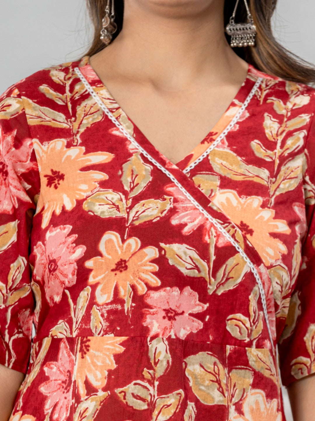 Floral Print Fit & Flare Pure Cotton Ruffled Dress - Red