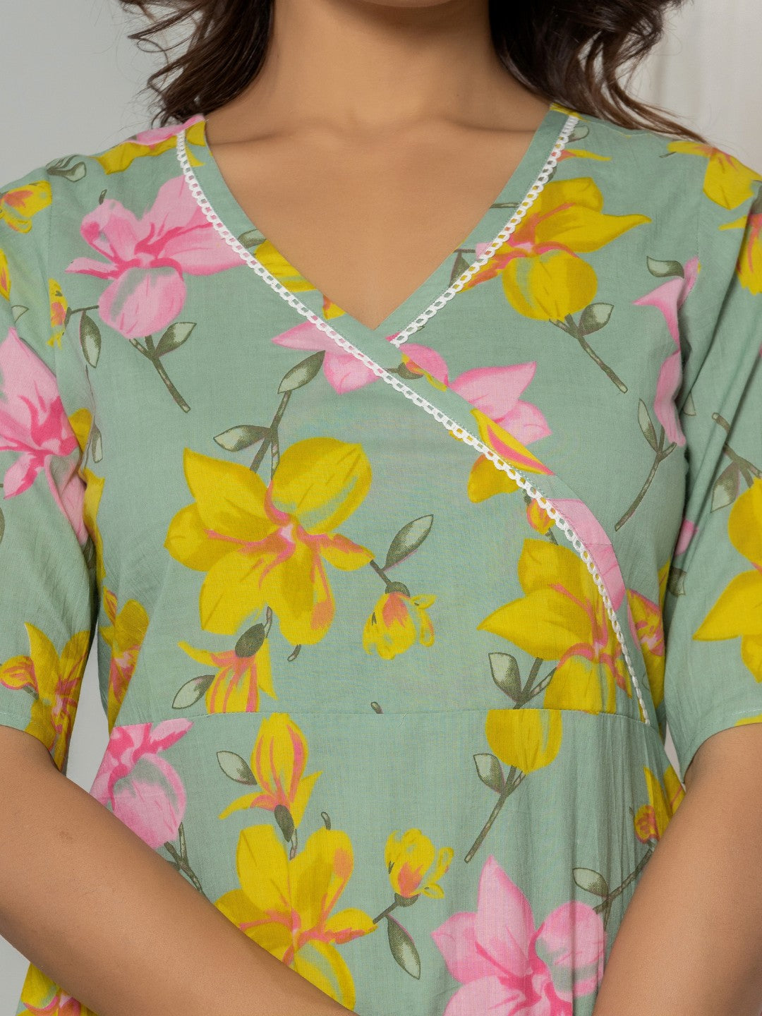 Floral Print Fit & Flare Pure Cotton Ruffled Dress - Sea Green
