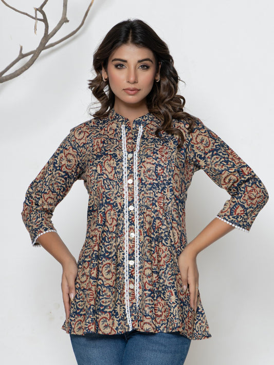 Pure Cotton Floral  Printed Pleted Top - Multi