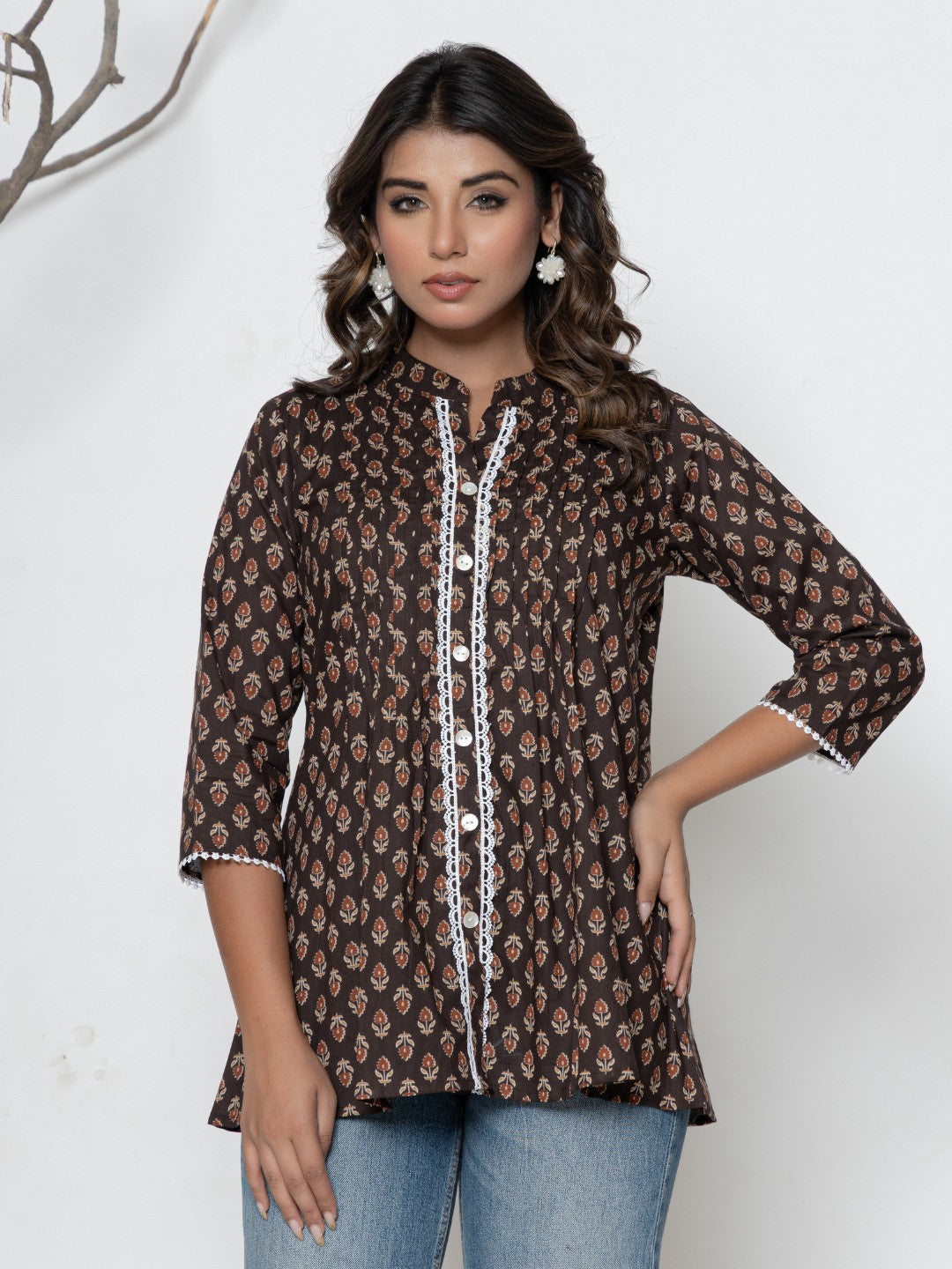 Pure Cotton Floral  Printed Pleted Top - Brown
