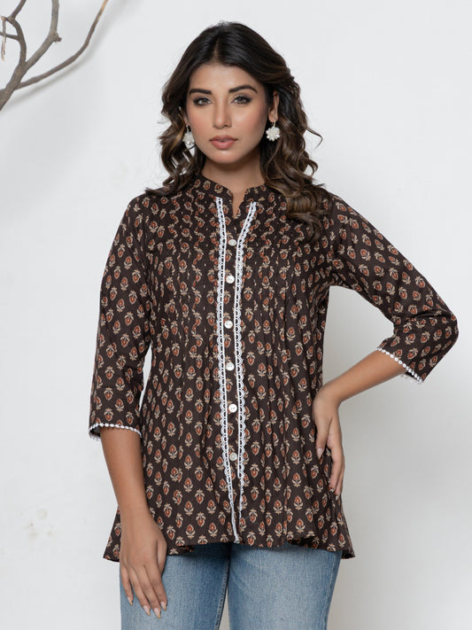 Pure Cotton Floral  Printed Pleted Top - Brown